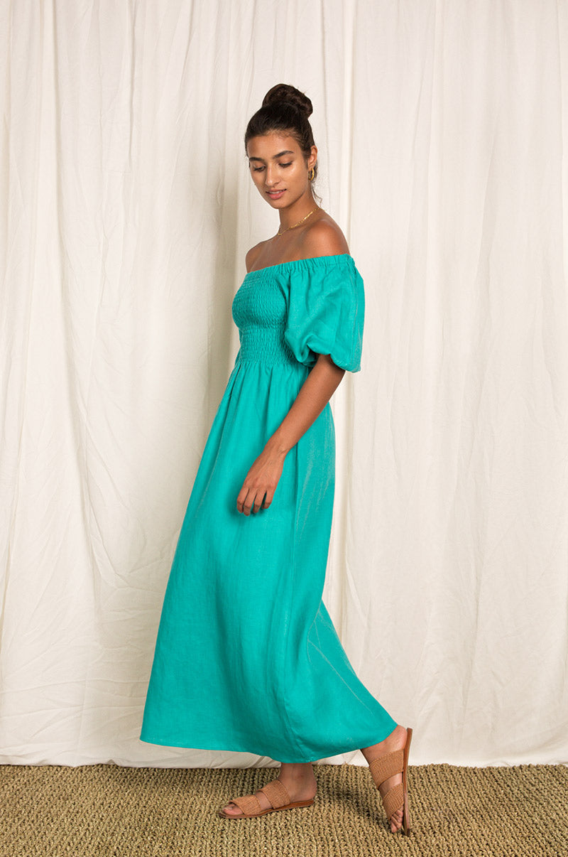 Turquoise Linen Midi Dress with Puff ...